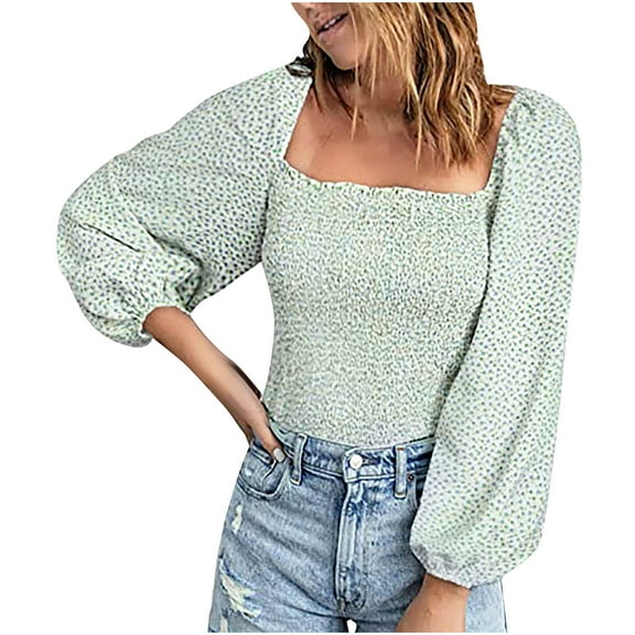 Chiffon Long Sleeve Tops for Women Stretch Square Neck Top Shirred Blouse Tops Square Neck Top Ruffle Hem Cropped Top