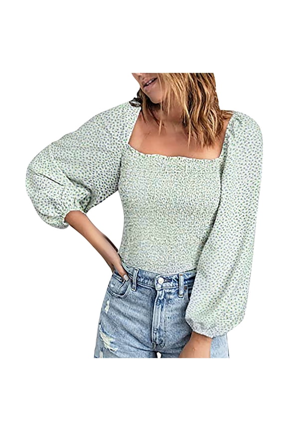 Chiffon Long Sleeve Tops for Women Stretch Square Neck Top Shirred Blouse Tops Square Neck Top Ruffle Hem Cropped Top
