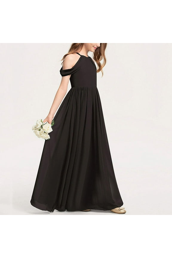 Chiffon Maxi Dresses for Girls Size 3-14 Teens Kids Elegant Sleeveless Crewneck Solid A-Line Graduation Wedding Guest Long Prom Dress