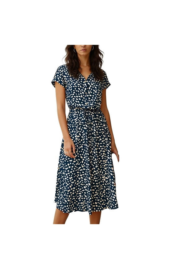Chiffon Midi Dress for Women Short Sleeve Button Up Dress Drawstring Waist A-line Polka Dot Print Shirt Dresses