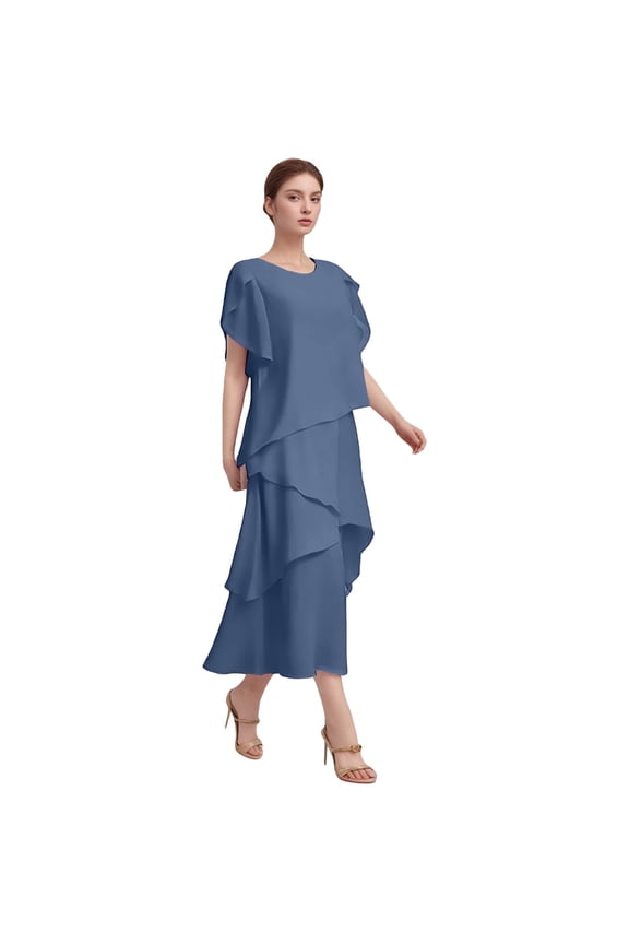 Chiffon Mother of The Bride Dresses for Wedding Guest Tea Length Tiered Formal Evening Gowns with Sleeves, Short Sleeves Ruffly Formal Wedding Guest Dress(Blue,XL)