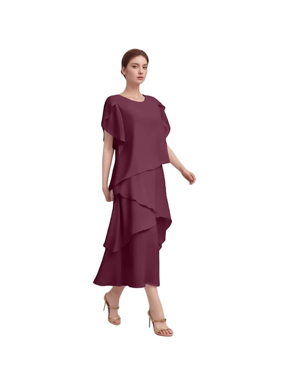 Chiffon Mother of The Bride Dresses for Wedding Guest Tea Length Tiered Formal Evening Gowns with Sleeves, Short Sleeves Ruffly Formal Wedding Guest Dress(RD2,XXL)
