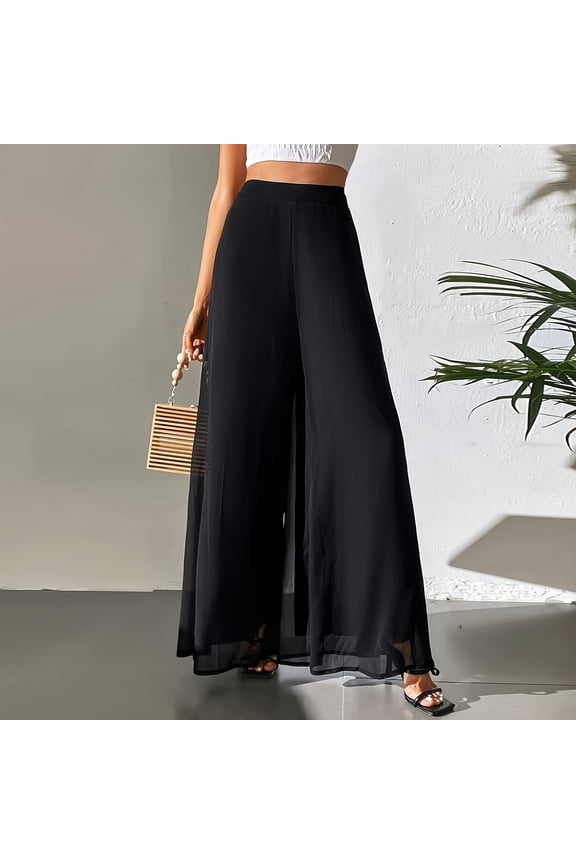 Chiffon Palazzo Pants for Women Casual Elastic Waist Double Layer Dressy Pants Boho Flowy Flare Wide Leg Trousers Black S