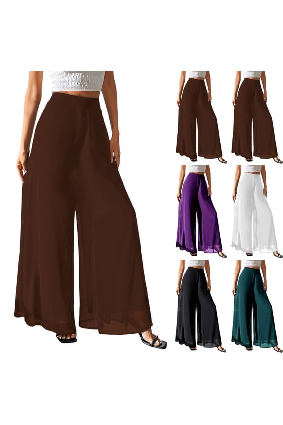 Chiffon Palazzo Pants for Women High Waist Wide Leg Loose Fit Flowy Lightweight Trousers Casual Spring Summer 2026 Fashion Pants Brown M