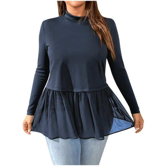 Chiffon Patchwork Long Sleeve Tops for Women 2025 Fall Plus Size Peplum T-Shirts Dressy Mock Neck Casual Blouse Navy XXXXL