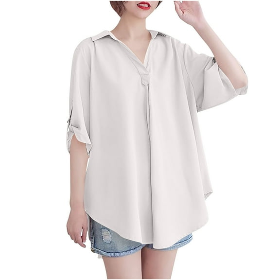 Chiffon Plus Size Tops Womens Rolled Short Sleeve Lapel V Neck Casual Summer Shirt Blouses, Solid Color/One Size (Free Size, White)