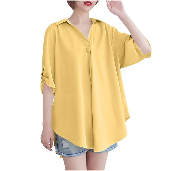 Chiffon Plus Size Tops Womens Rolled Short Sleeve Lapel V Neck Casual Summer Shirt Blouses, Solid Color/One Size (Free Size, Yellow)