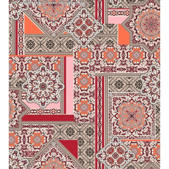 Chiffon Print Imara Print Fabric Medallion Patchwork Sheer Dress Top Sewing Fabric (TANG/RED/PINK, HalfaYard)