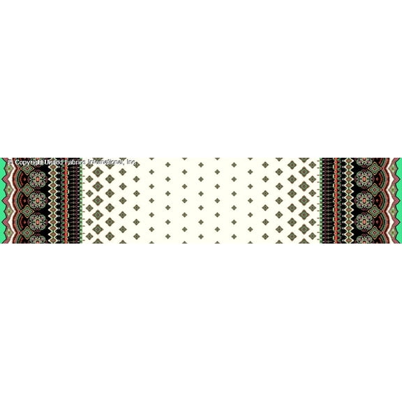 Chiffon Printed Mayan Sheer Fabric, Ethnic Floral Border Dress Fabric (IVORY/BLACK/MINT, HalfaYard)