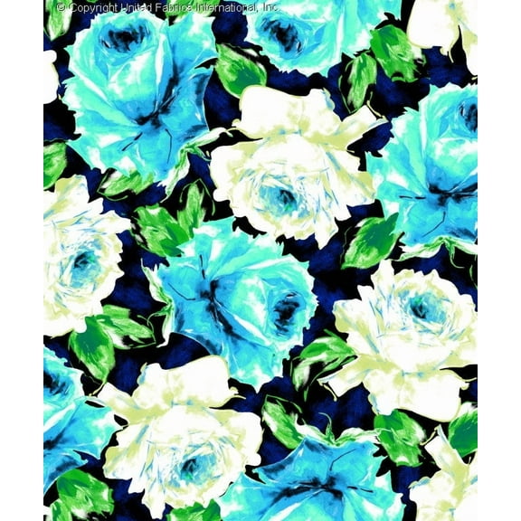 Chiffon Printed Mid Summer Night Floral Rose Sheer Fabric for Dresses & DIY Decor (BLACK/BLUE/EMERALD, HalfaYard)