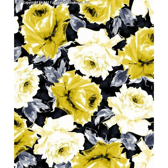 Chiffon Printed Mid Summer Night Floral Rose Sheer Fabric for Dresses & DIY Decor (BLACK/GREY/YELLOW, HalfaYard)