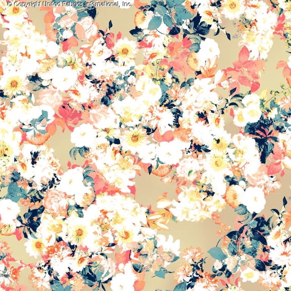 Chiffon Printed Promise Fabric by the Yard Floral Print Sheer Daisy Rose Dress Sewing (CORAL/BLUE/TAUPE, ByYard)