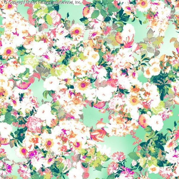 Chiffon Printed Promise Fabric by the Yard Floral Print Sheer Daisy Rose Dress Sewing (MINT/CORAL/LIME, ByYard)