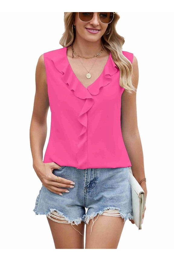 Chiffon Shirt Sleeveless V-Neck Pleated Ruffle Loose Women'S Top Rose Red M