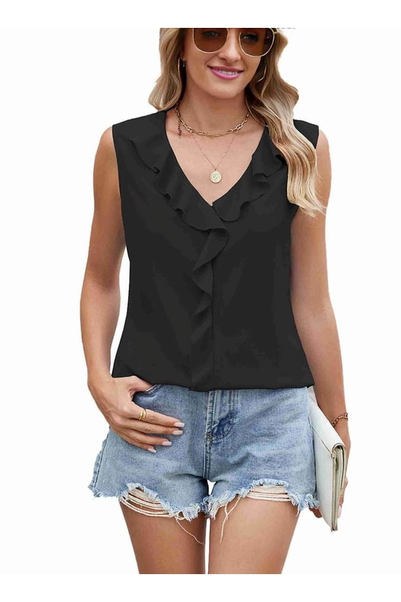 Chiffon Shirt Sleeveless V-Neck Pleated Ruffle Loose Women'S Top