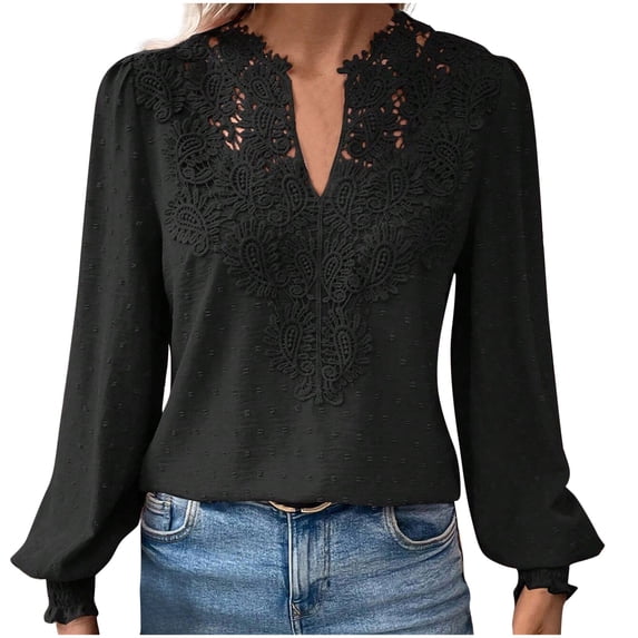 Chiffon Shirt for Women Loose Fit Lace V Neck Blouse Fashion Long Sleeve Casual Solid Color Business Tops (Black L)
