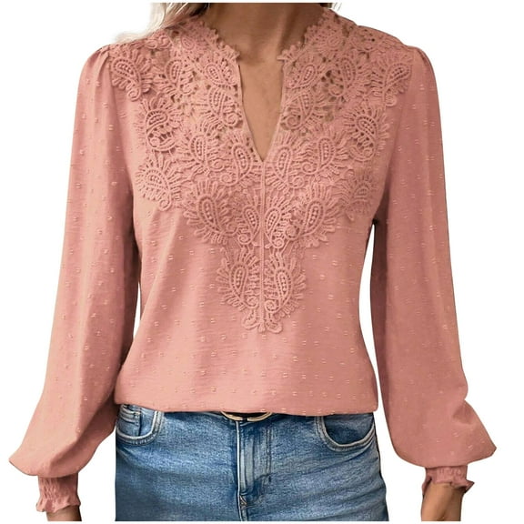 Chiffon Shirt for Women Loose Fit Lace V Neck Blouse Fashion Long Sleeve Casual Solid Color Business Tops (Pink M)