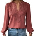 thumbnail image 1 of Chiffon Shirt for Women Loose Fit Lace V Neck Blouse Fashion Long Sleeve Casual Solid Color Business Tops (Wine 2XL), 1 of 3