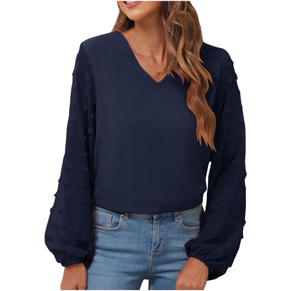 Chiffon Shirt for Women Swiss Dot Long Sleeve Tunic Tops Solid Color V-Neck T-Shirt Relax Fit Work Blouse Casual Tops