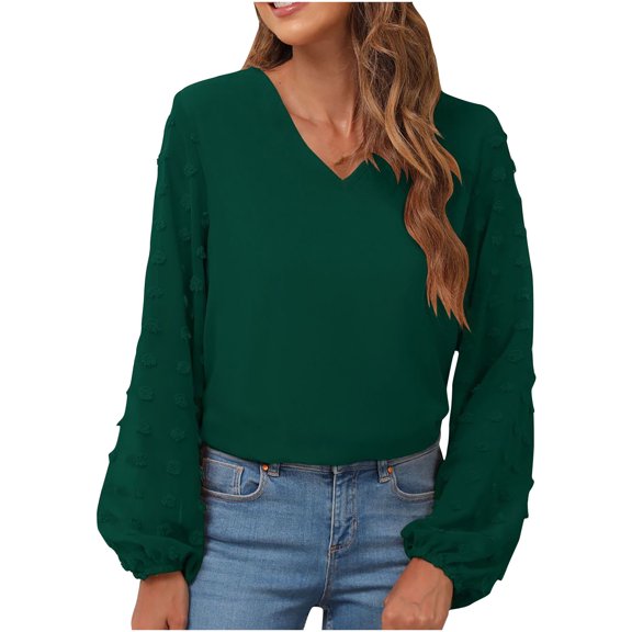 Chiffon Shirt for Women Swiss Dot Long Sleeve Tunic Tops Solid Color V-Neck T-Shirt Relax Fit Work Blouse Casual Tops