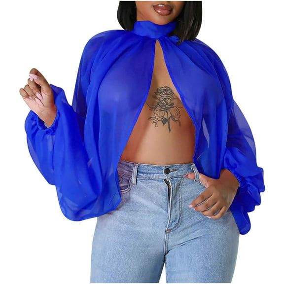 Chiffon Shirts for Women Fashion Puff Long Sleeve Mock Neck Open Front Casual Loose Tops Ladies Party Club Blouses (Blue,M)