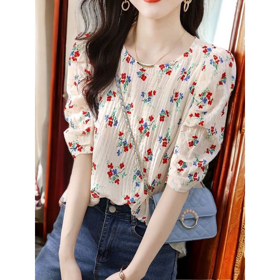 Chiffon Short-Sleeved Loose-Fitting Floral Printed Top, White, Medium