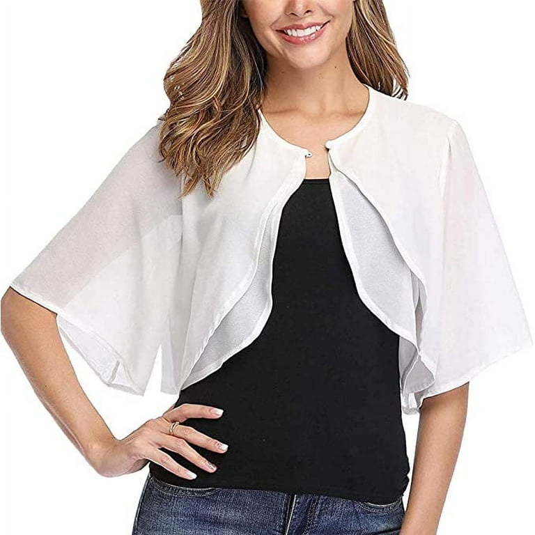 Chiffon Shrugs Half Sleeve Layered Open Front Loose Sheer Bolero Cardigan Top for Wedding Party Dress Cape Cover Up for Womens White XXL