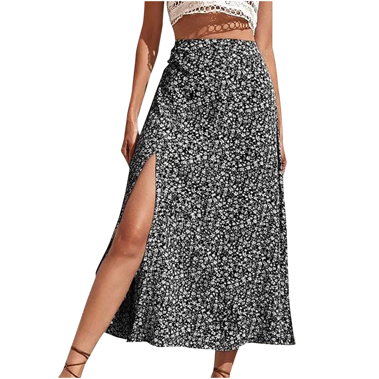 Chiffon Skirt Women's Boho Floral High Waist Split Midi Skirt