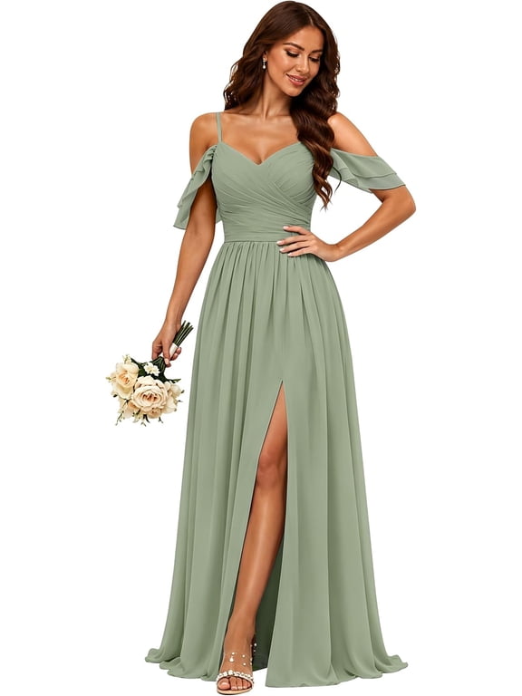 Chiffon Spaghetti Off-Shoulder Bridesmaid Dresses for Women
Spaghetti,Lace-up,A-Line,Chiffon,Off-Shoulder,Ruffles cap Strap,Pleated,Breathable,Side Slit,Wedding Guest Dress