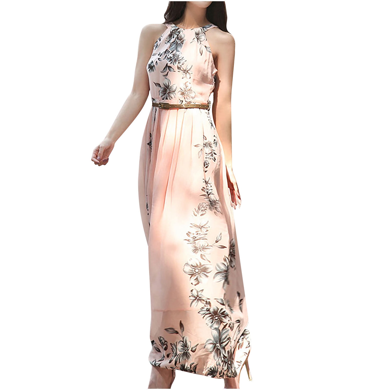 NARHBRG Chiffon Summer Dresses for Women's Halter Neck Sleeveless Floral Maxi Dress Wedding Guest Beach Party Sundress with Belt, Size: Medium, Yellow