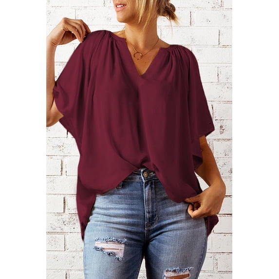 Chiffon Summer Top for WomenCasual Ruffled V Neck Blouse Short Sleeve Office Work Elegant Shirt Vintage Basic Tops