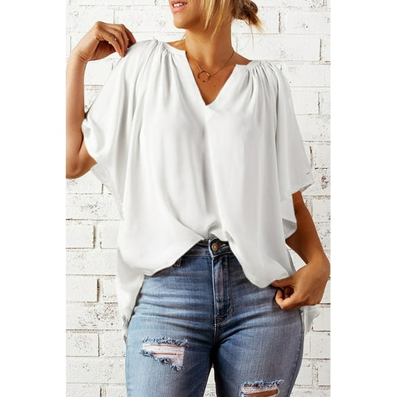 Chiffon Summer Top for WomenCasual Ruffled V Neck Blouse Short Sleeve Office Work Elegant Shirt Vintage Basic Tops