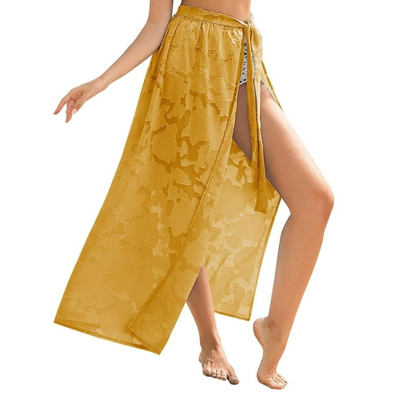 Chiffon Swimsuit Coverup Sarong - KLOY2K Floral Beach Wrap Skirt Sheer Bathing Suit Cover Up Long Resort Wear,Yellow,XL