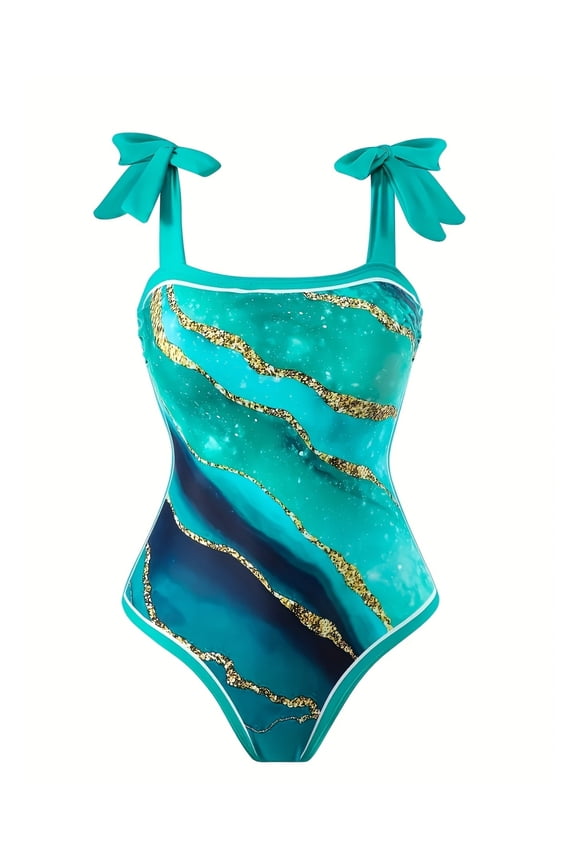 Chiffon Swimsuit for Women Marble Print One Piece Strapless Halter Beachwear Sun Protection Swimsuit Resort Wear Bathing Suit