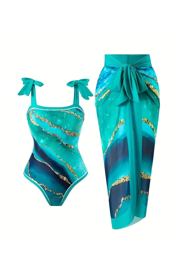 Chiffon Swimsuit for Women Marble Print Strapless One Piece Halter Bathing Suit Sun Protection Beachwear Resort Swimsuit Ladies Summer Swimsuit