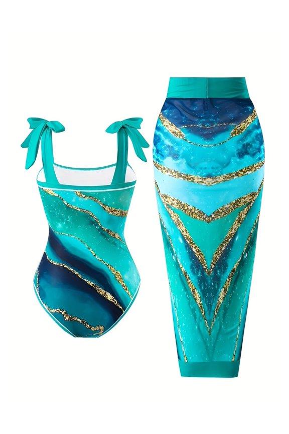 Chiffon Swimsuit for Women Marble Print Sun Protection One Piece Strapless Halter Bathing Suit Resort Wear Beach Cover Up