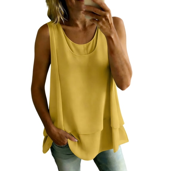 Chiffon Tank Tops for Women Casual Crewneck Double Layered Flowy Tunic Tops Summer Loose Fitted Sleeveless Shirts