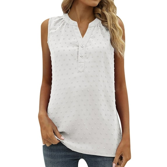 Chiffon Tops For Women Sleeveless Dot Print Button Down V Neck Loose Blouse Casual Comfortable Solid Shirt