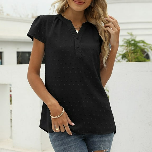 Chiffon Tops For Women Trendy Cute Cap Sleeve Dot Tops Button Down V Neck Loose Blouse Solid Color Shirts Was Out Long Sleeve And Shirts Women Athletic Shirts Women Summer Tech Pack Women's Summer