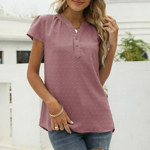 Chiffon Tops For Women Trendy Cute Cap Sleeve Dot Tops Button Down V Neck Loose Blouse Solid Color Shirts Was Out Long Sleeve And Shirts Women Athletic Shirts Women Summer Tech Pack Women's Summer