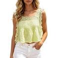 thumbnail image 1 of Chiffon Tops for Women Summer Lace Ruffled Cropped Cute Blouses Sleeveless Square Neck Going Out Travel Outfits (L, Yellow), 1 of 8