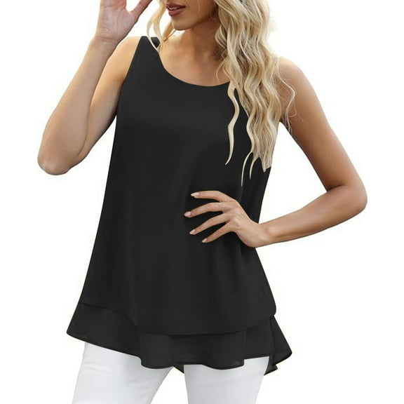 Chiffon Tops for Women Trendy Summer Tanks Crew Neck Sleeveless Layered Flowy Shirt Blouses Solid Color (S, Black)