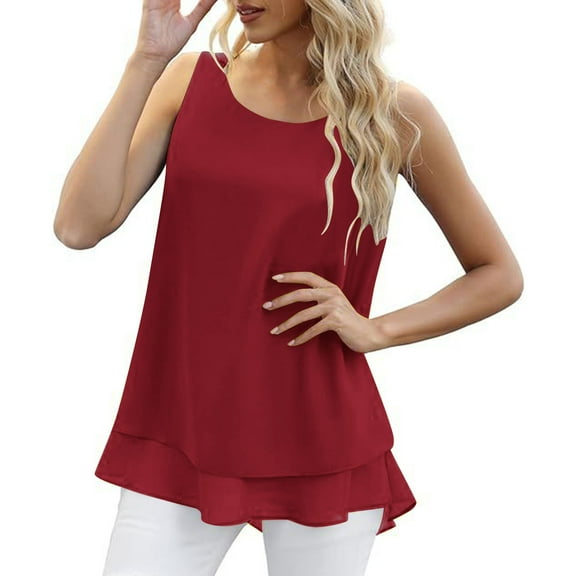 Chiffon Tops for Women Trendy Summer Tanks Crew Neck Sleeveless Layered Flowy Shirt Blouses Solid Color (S, Wine)