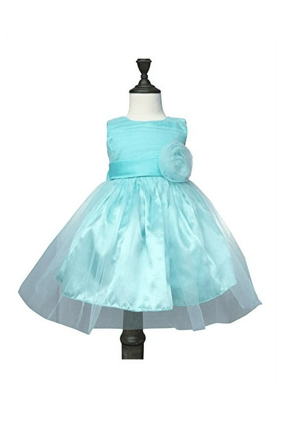 Chiffon Tulle Wedding Pageant Flower Girl Dress Bow Tie Sash Satin Skirt, Sea Blue 100