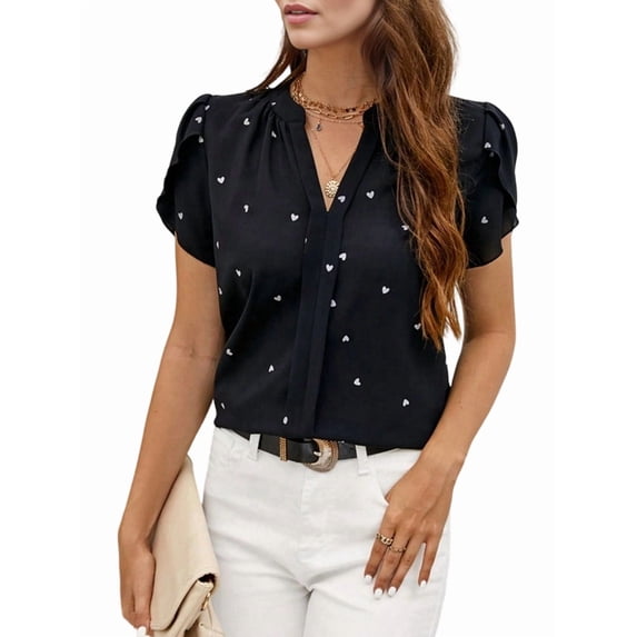 Chiffon V-Neck Blouse for Women - Elegant Ruffle Sleeve Business Casual Top Black S