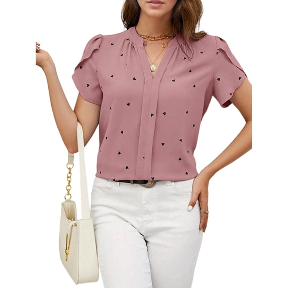 Chiffon V-Neck Blouse for Women - Elegant Ruffle Sleeve Business Casual Top Pink M