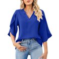 thumbnail image 1 of Chiffon V Neck Loose Top With Lace Trimmed Petal Sleeves For Women Lightweight Summer Blouse, 1 of 2