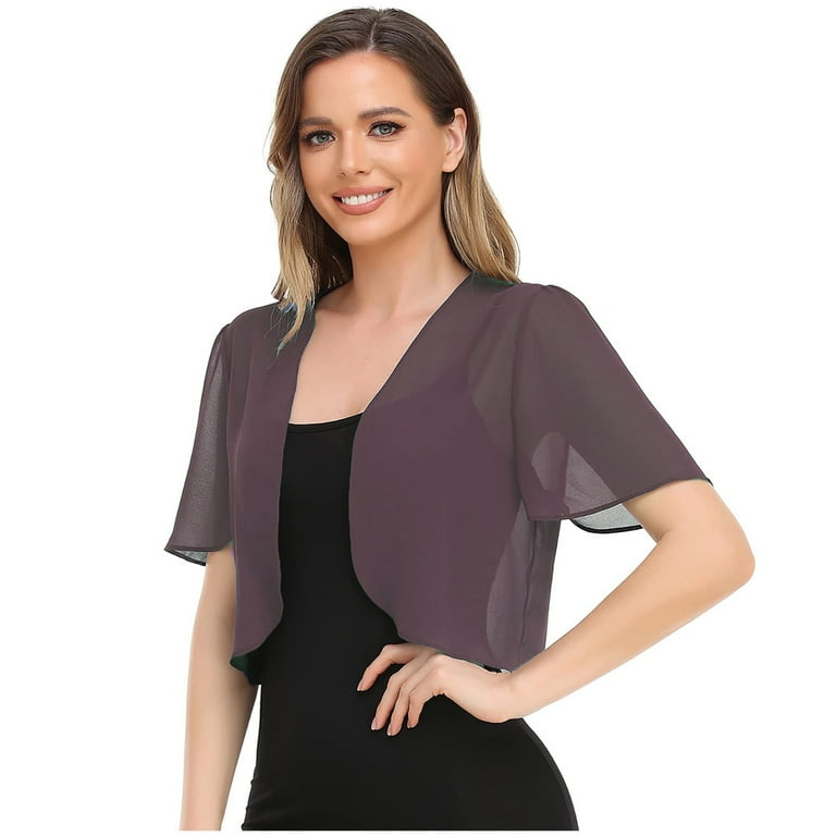 Chiffon Women s Jacket Festive Short Sleeve Elegant Jacket Lightweight Transparent Open Blazer Cardigan for Summer Purple L