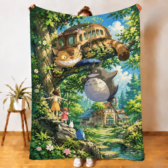 My Neighbor Totoro Characters Blanket, Totoro Catbus Forest Adventure Anime Throw Blanket