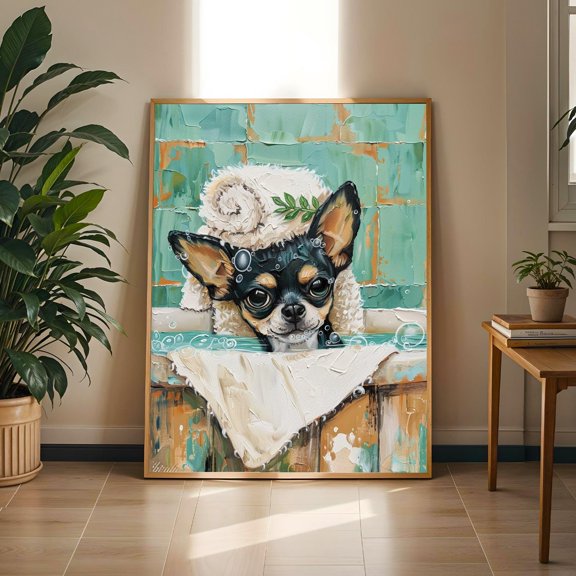 Chihuahua Bathtub Wall Art Print, Funny Dog Spa Bathroom Decor, Whimsical Pet Portrait Poster, Poster Only